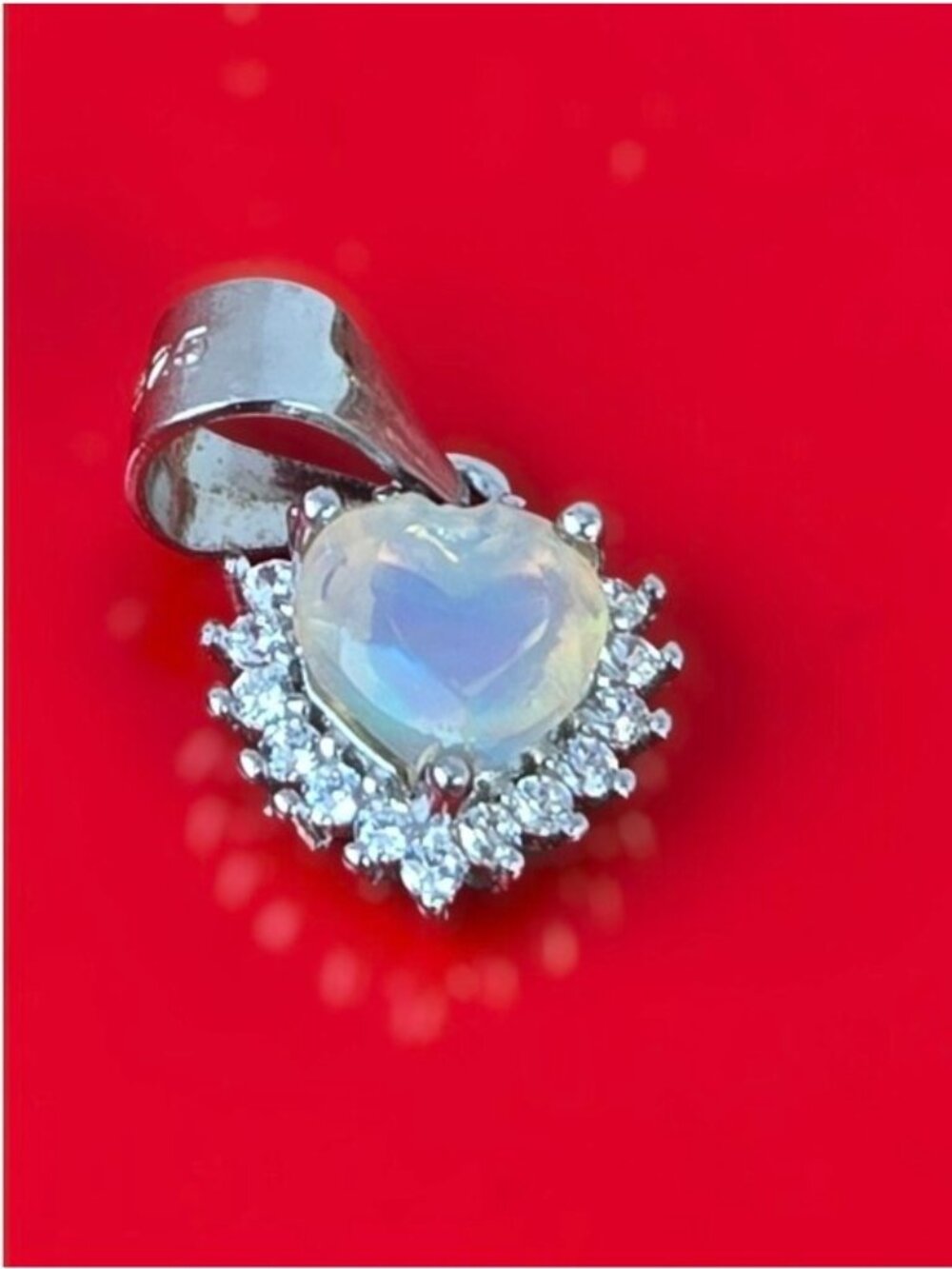 925 Sterling Silver Heart Pendant 7x8mm With Natural White Opal & CZ